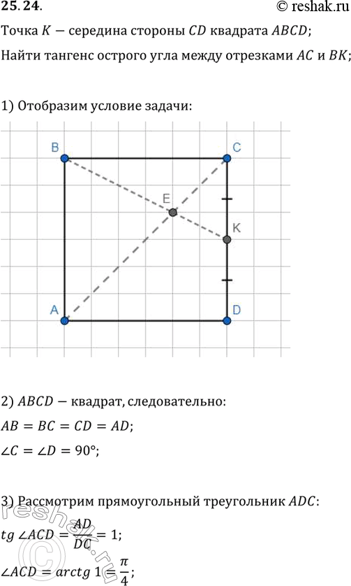 Изображение Точка К — середина стороны CD квадрата ABCD. Чему равен тангенс острого угла между диагональю АС и отрезком...