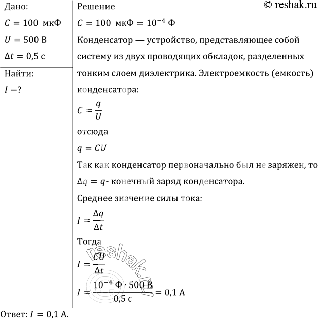 Изображение Конденсатор емкостью 100 мкФ заряжается до напряжения 500 В за 0,5 с. Каково среднее значение силы зарядного...