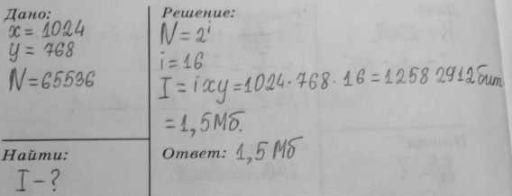 Изображение 10. Каков информационный объём картинки, занимающей весь экран компьютера с разрешением 1024 х 768 и палитрой из 65 536 цветов?768=3*28Считать удобней в степенях 2...