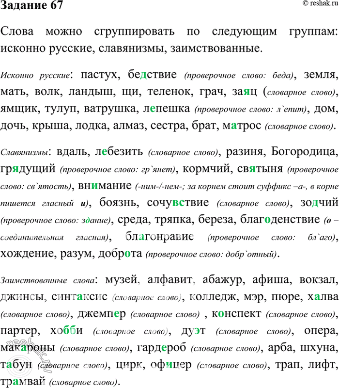 Изображение 67. Используя указанные выше сведения, определите происхождение слов. По какому принципу можно сгруппировать данные слова? Распределите их по группам, озаглавив каждую...