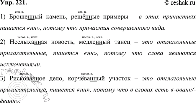 Изображение 221. Объясните написание нн в словах каждого ряда1) Брошенный камень, решённые примеры.2) Неслыханная новость, медленный танец.3) Рискованное дело, корчёванный...