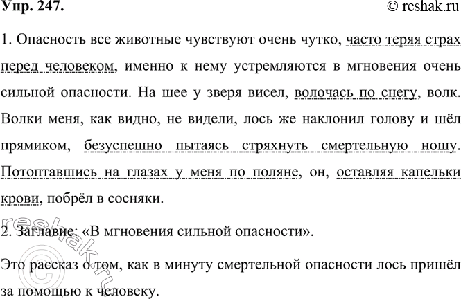 Изображение 247. 1.	Выпишите из текста предложения с деепричастными оборотами, выделяя их знаками препинания. Подчеркните деепричастия как члены предложения.Опасность все животные...